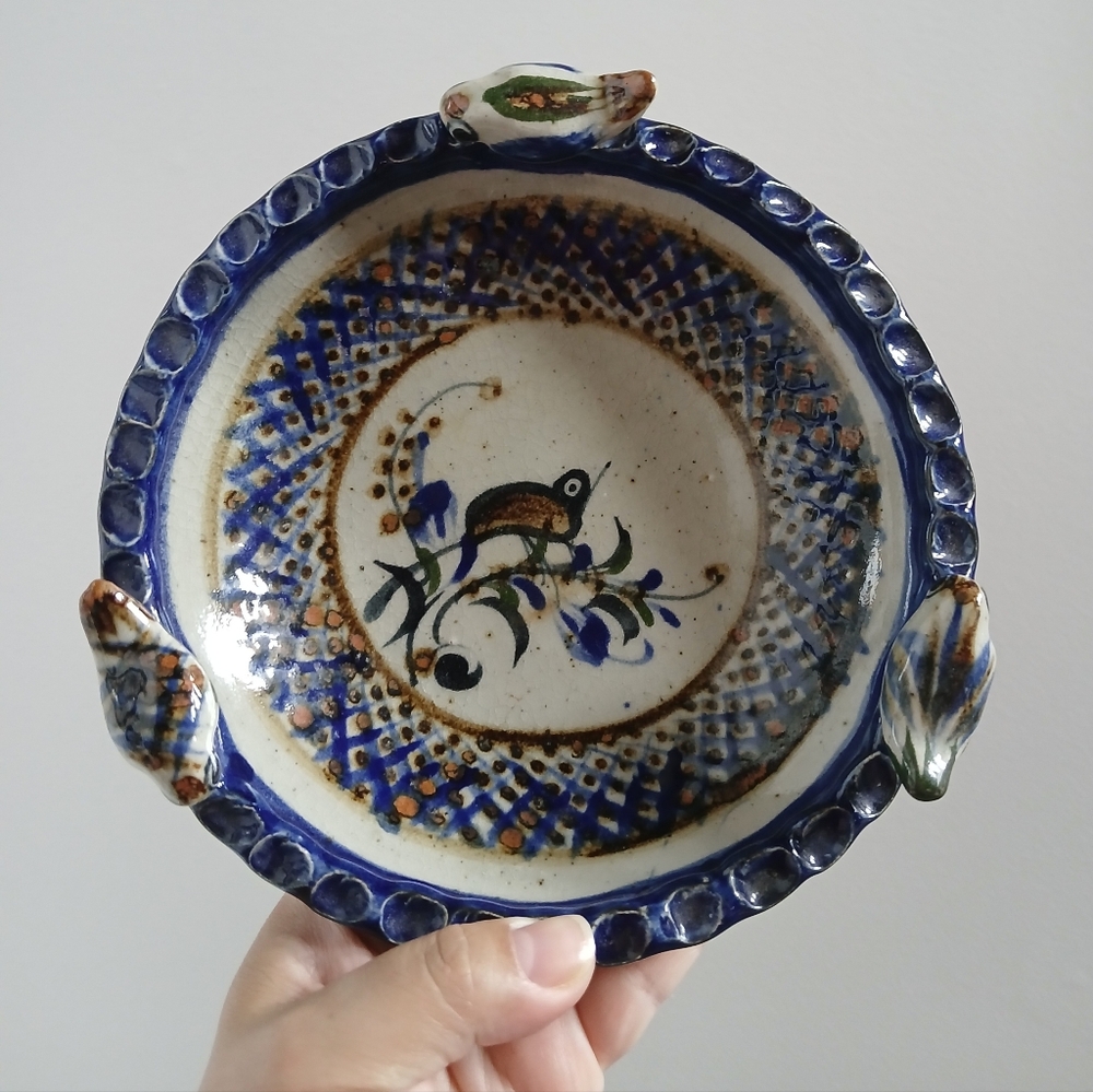 Vintage Tonala Mexican Pottery Bowl Applied 3D Birds Artist Signed Simeon Galvan